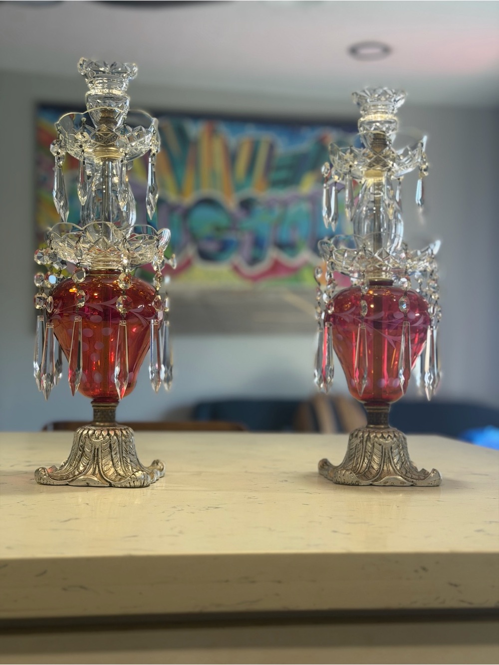 Vintage Pair GIM Cranberry Glass Hurricane Candle Lamps Crystal Prisms Boudoir - Picture 2 of 16